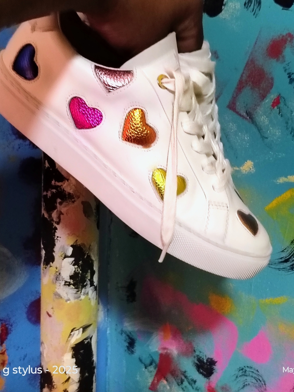 😎🔥🔥 KURT GEIGER - White Leather Sneakers with Metallic Leather Hearts 🌈 - Picture 4 of 15